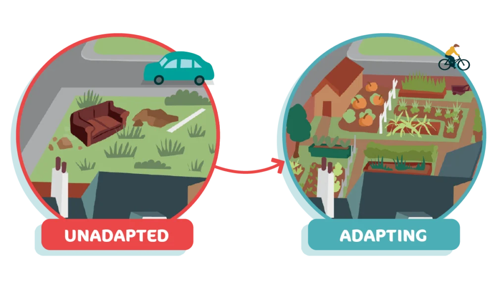 Before and after of some scrap land which has been converted to a community garden