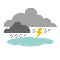 Dark rain clouds and lightning with a large puddle underneath