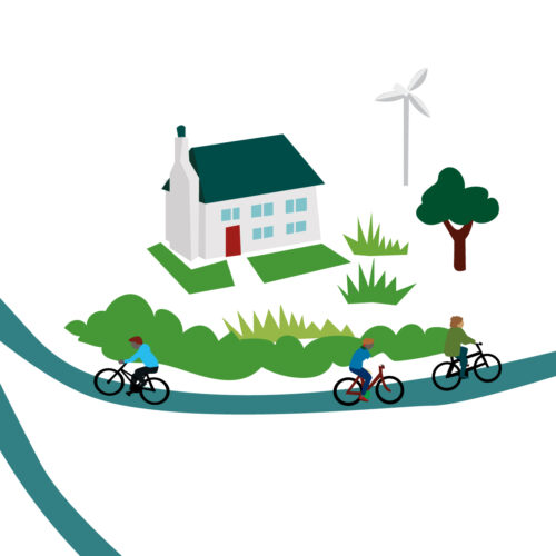 Cyclists riding past a house with a wind turbine