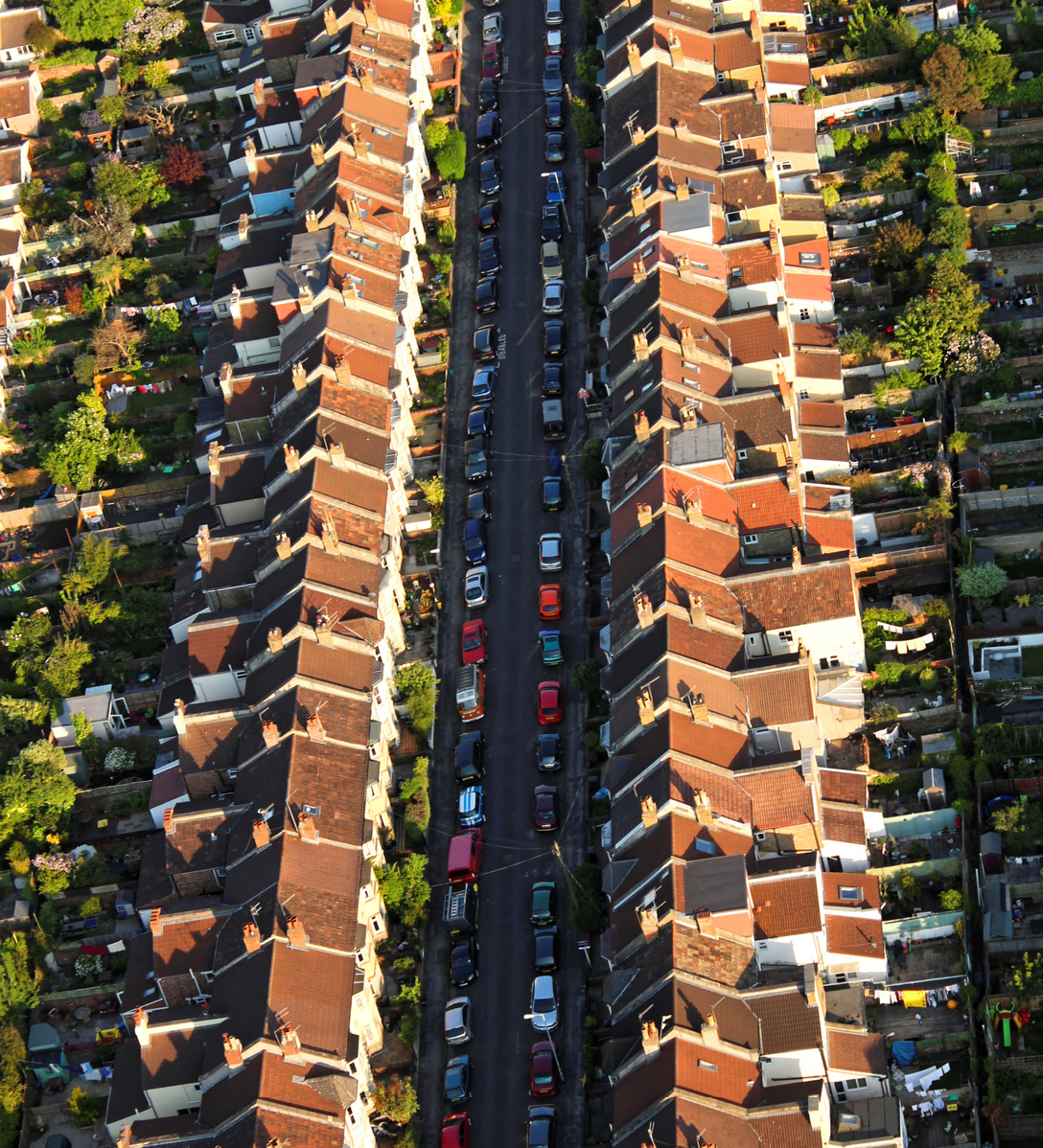 An aerial shot of a street of terraced houses