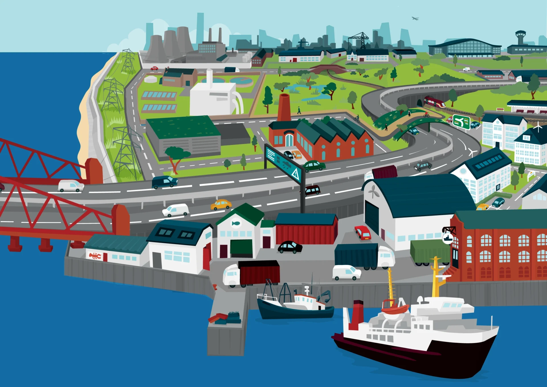 An illustration of a landscape with a variety of features including a busy harbour, a power plant, industry, built up areas and contryside