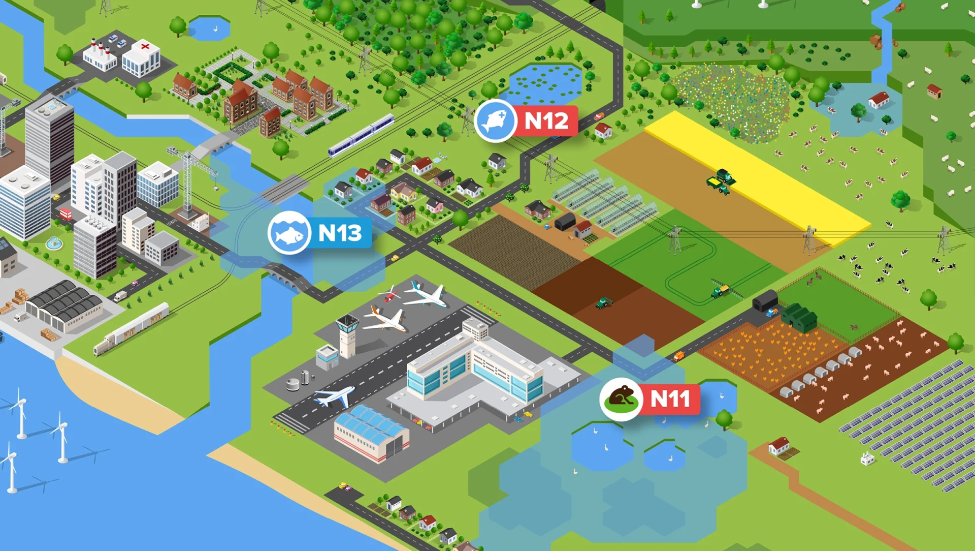 Illustration of a landscape next to the coast with a variety of natural and man-made features from lakes, rivers, forests and farm land to towns, airports, power plants and industry. Highlighted are features that relate to the freshwater habitats sector