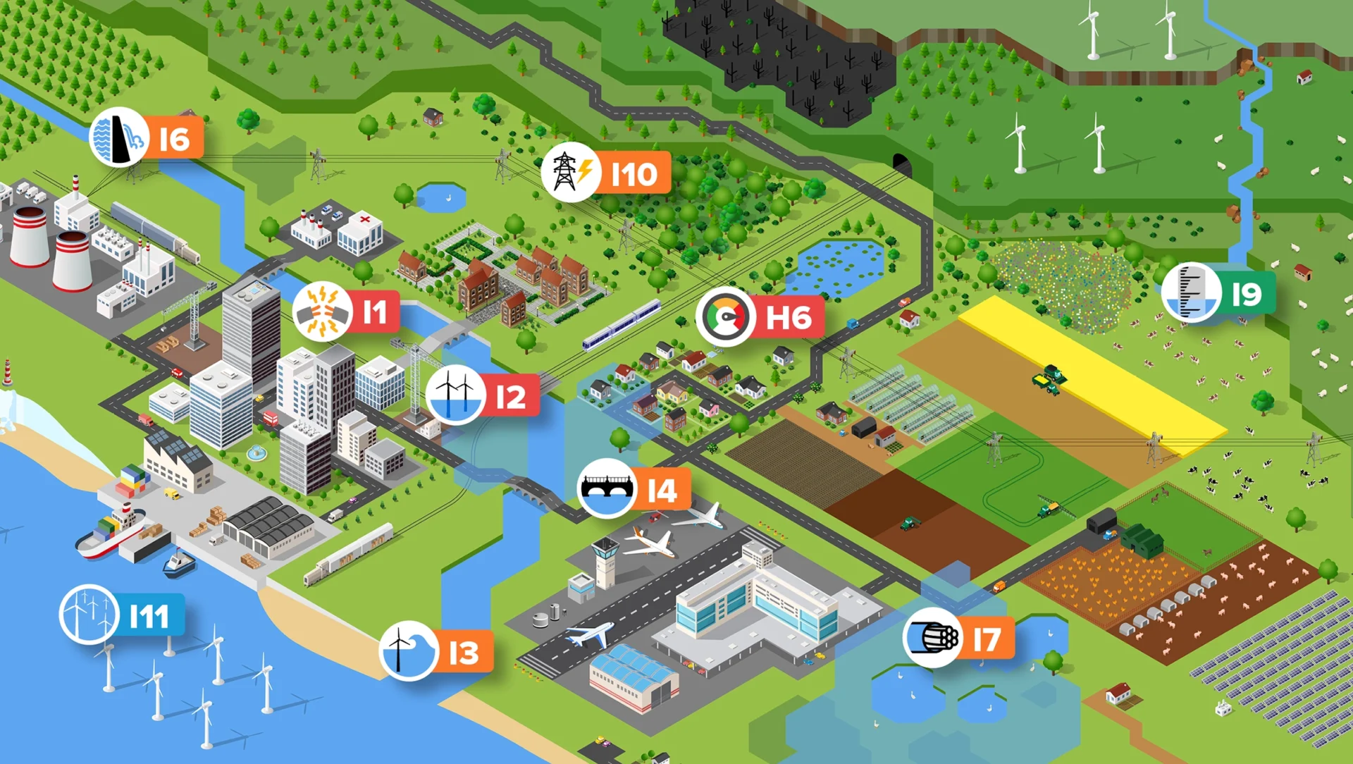 Illustration of a landscape next to the coast with a variety of natural and man-made features from lakes, rivers, forests and farm land to towns, airports, power plants and industry. Highlighted are features that relate to the Energy Sector
