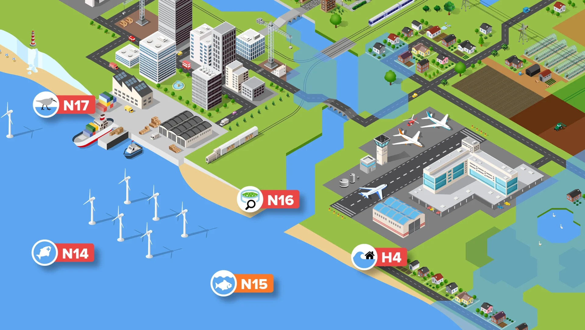 Illustration of a landscape next to the coast with a variety of natural and man-made features from lakes, rivers, forests and farm land to towns, airports, power plants and industry. Highlighted are features that relate to the marine and coastal environment sector