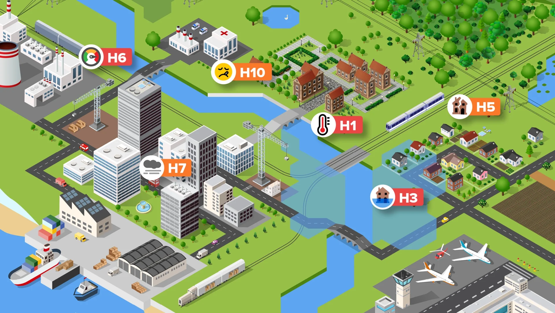 Illustration of a landscape next to the coast with a variety of natural and man-made features from lakes, rivers, forests and farm land to towns, airports, power plants and industry. Highlighted are features that relate to the housing sector