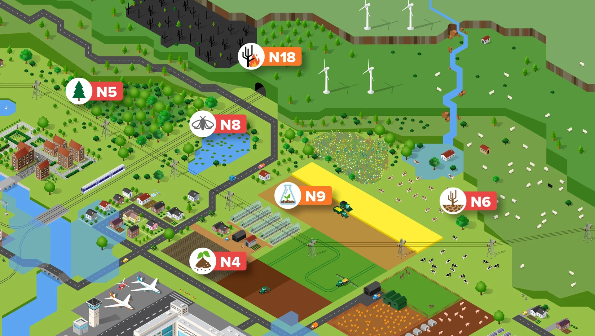 Illustration of a landscape next to the coast with a variety of natural and man-made features from lakes, rivers, forests and farm land to towns, airports, power plants and industry. Highlighted are features that relate to the land use, land use change and forestry sector