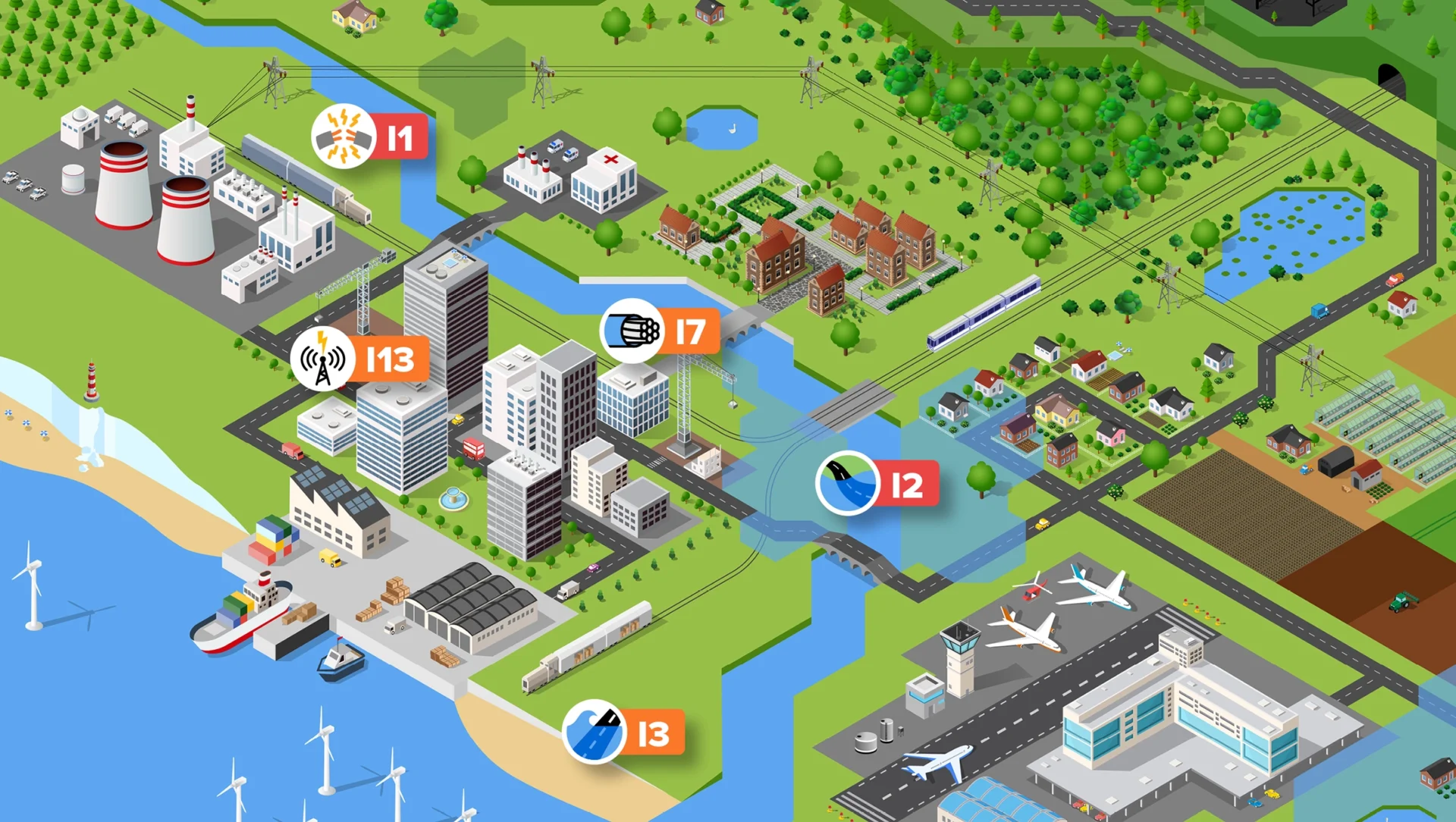 Illustration of a landscape next to the coast with a variety of natural and man-made features from lakes, rivers, forests and farm land to towns, airports, power plants and industry. Highlighted are features that relate to the telecoms and ICT sector