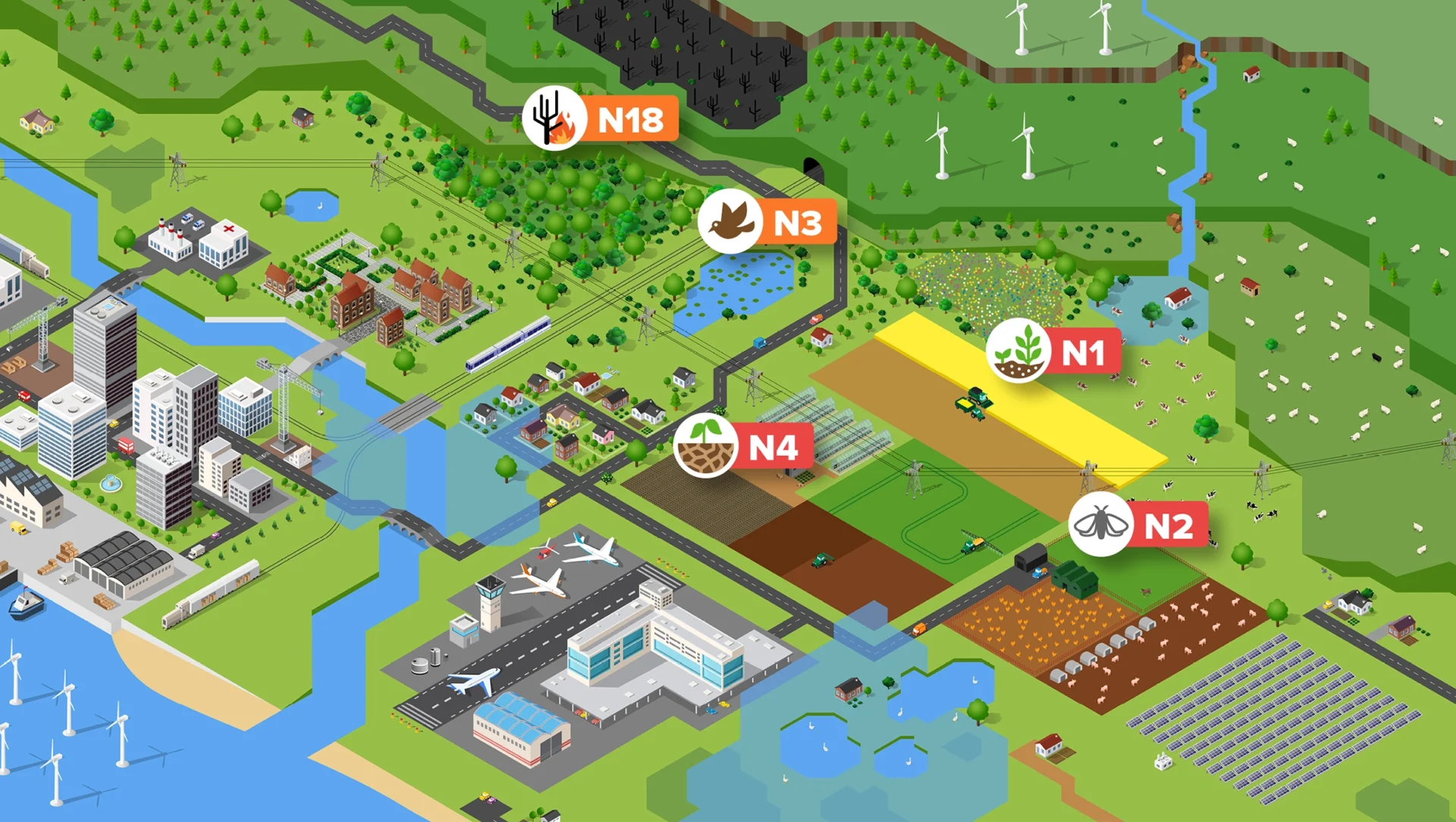 Illustration of a landscape next to the coast with a variety of natural and man-made features from lakes, rivers, forests and farm land to towns, airports, power plants and industry. Highlighted are features that relate to the terrestrial biodiversity sector