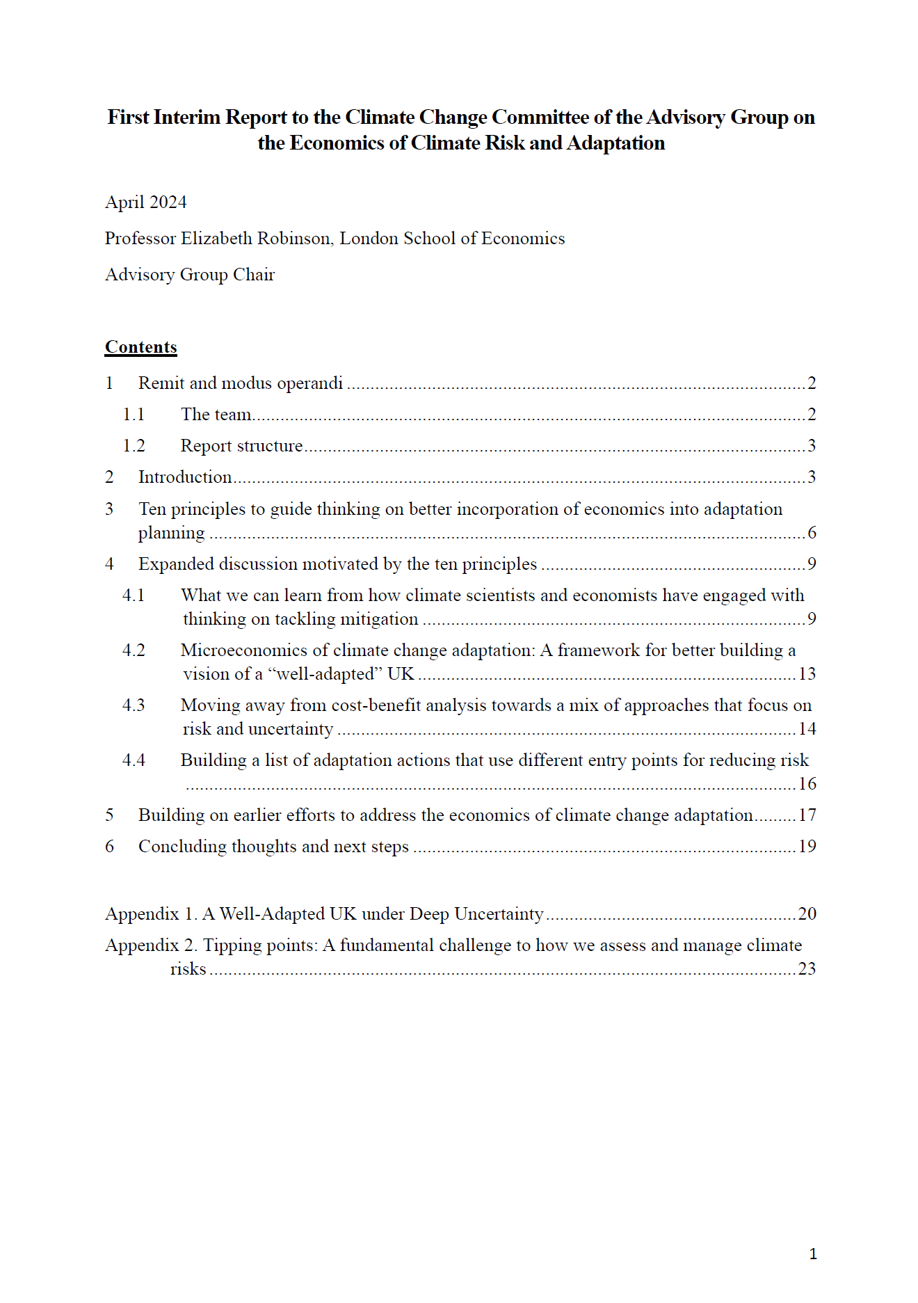 Interim Report to the CCC – Advisory Group on the Economics of Climate Risk and Adaptation